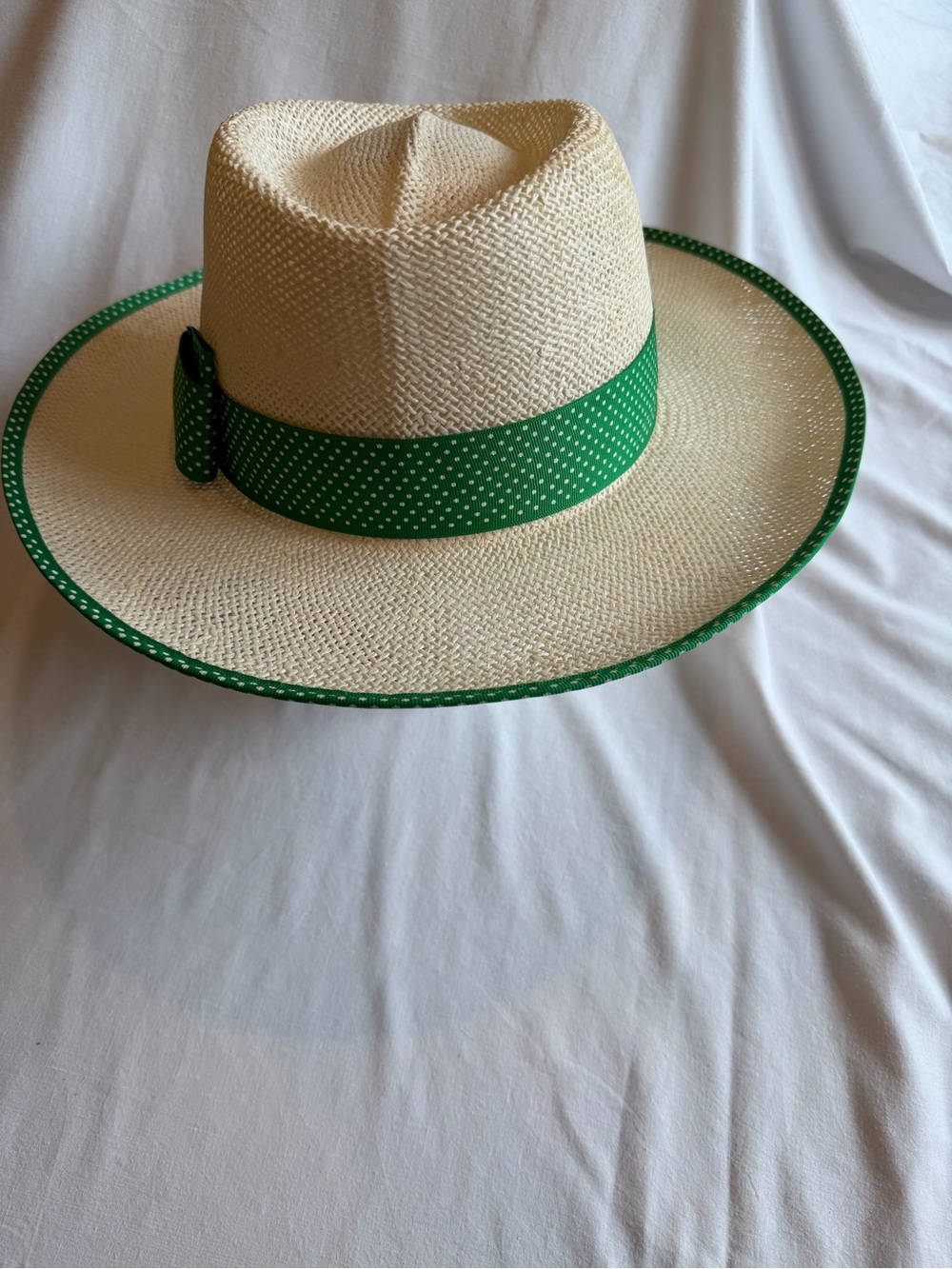 Straw Fedora Hat with Green Polka Dot Band